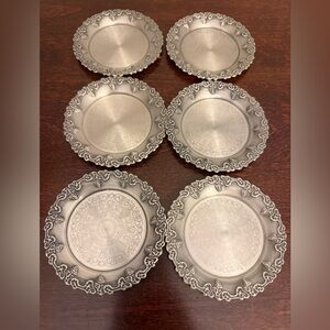 Vtg Piter Pewter Etched Metal Coasters Embossed Grape Vine Raised Edge Set Of 6